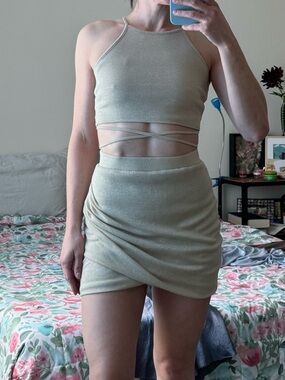 Lovers + Friends Two-Piece Top & Skirt Gold Shimmer Set